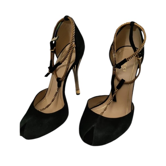 Gucci Mila Gold Chain Ophelie suede leather peeptoe pumps heels Size 38 - Picture 5 of 16